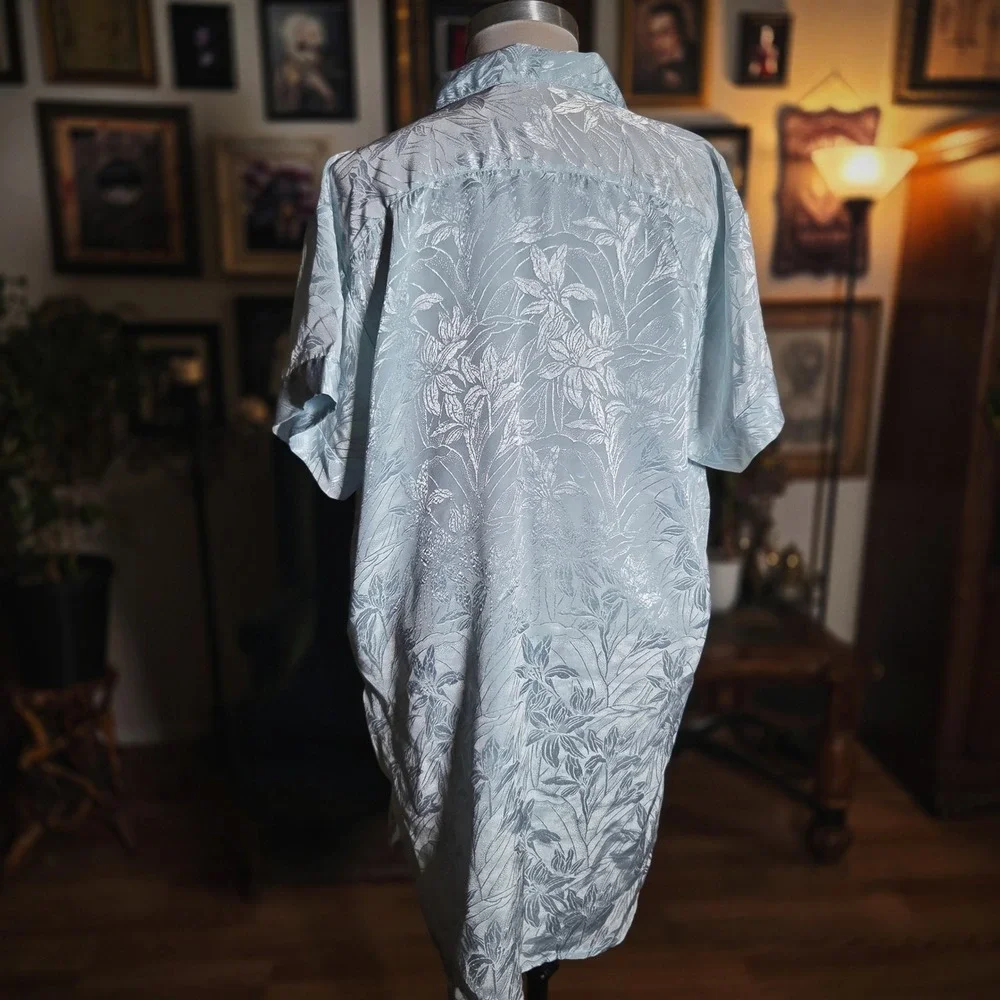 Vintage 90s Lauren Rogers Blue Floral Jacquard Button Down Night Shirt
